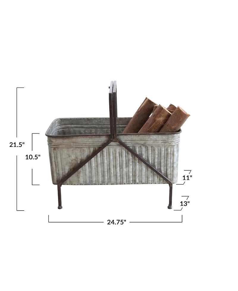 Storied Home Galvanized Metal Storage Bucket on Stand with Handle and Distressed Finish