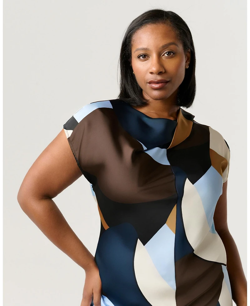 Estelle Plus Jorja Twist-Neck Print Satin Sheath Midi Dress