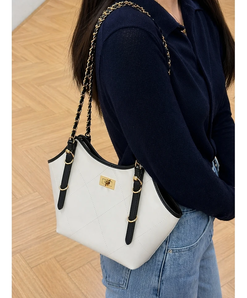 Susu Luxea Quilted Chain Shoulder Bag Small Leather Handbag with Gold Chain Strap