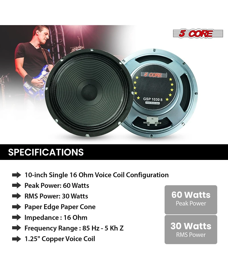 5Core 10 Inch Guitar Speaker 60W 16Ohm 25Oz Magnet 1.25" Vc Amplifier Cabinet Driver