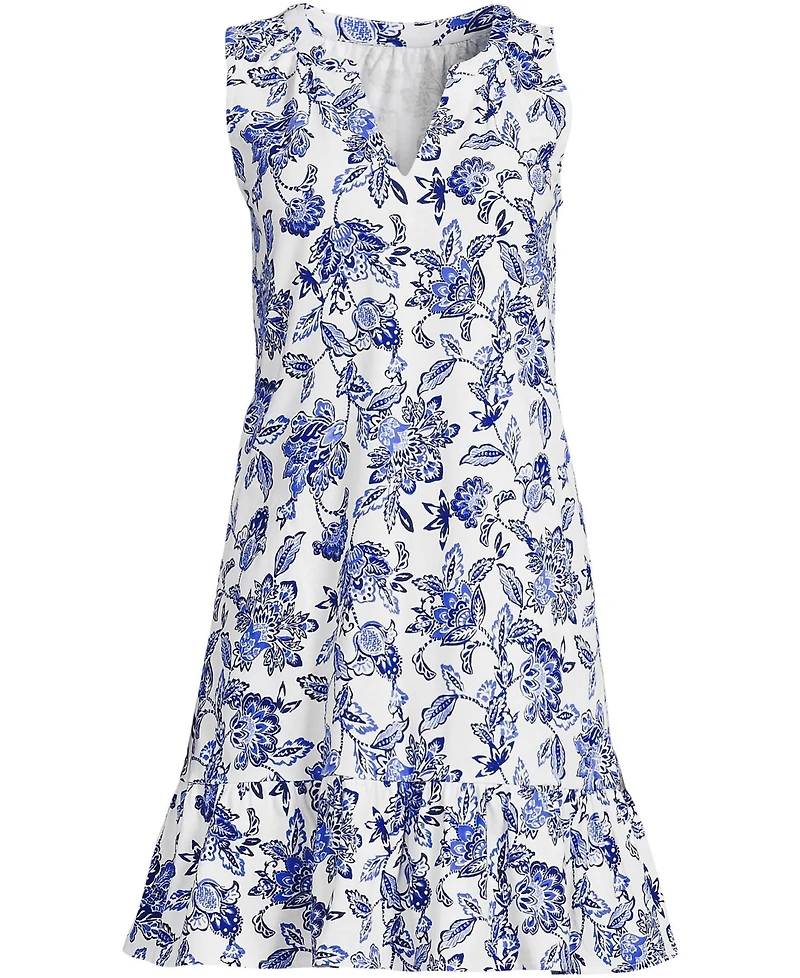 Lands' End Women's Sleeveless Cotton Jersey Notch Neck Flounce Dress