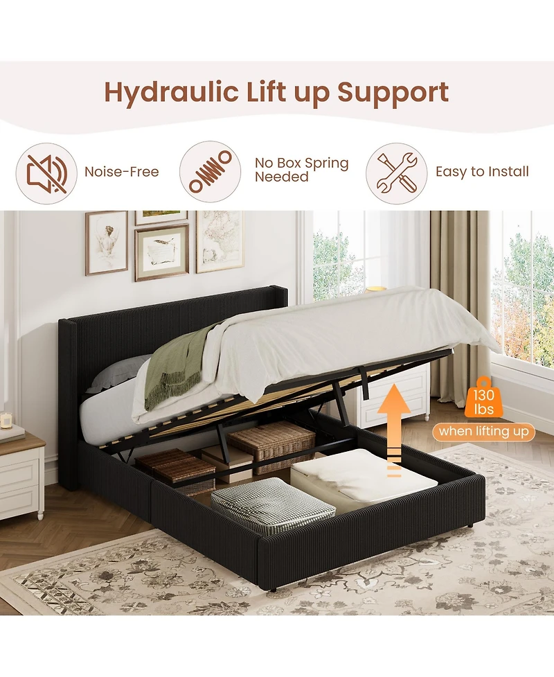 gaomon Lift Up Storage Bed Frame – Corduroy Upholstered Platform with Gas Lift, Padded Headboard, No Box Spring Needed