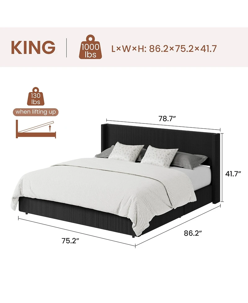 gaomon Lift Up Storage Bed Frame - Corduroy Upholstered Platform Bed with Gas Lift, Padded Headboard