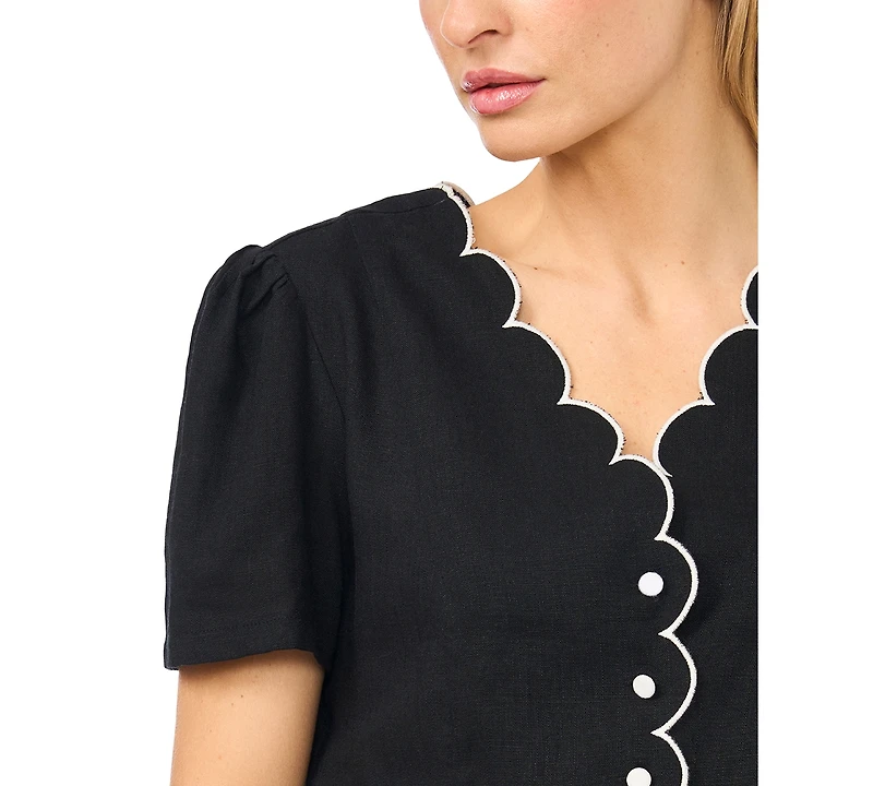CeCe Women's Short-Sleeve V-Neck Scallop Edge Top