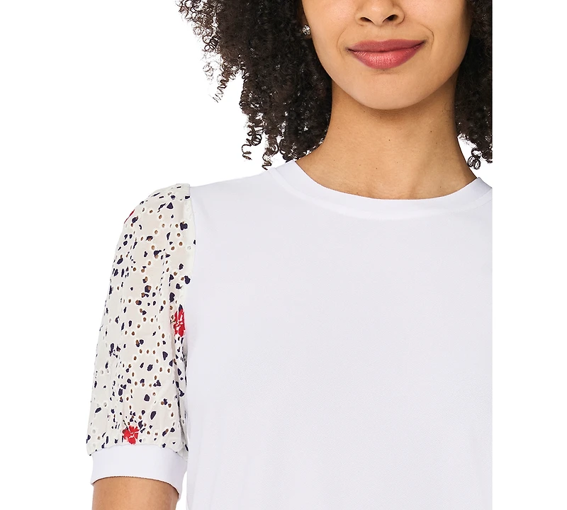 CeCe Women's Short-Sleeve Crewneck Mixed Media T-Shirt