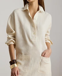 Lauren Ralph Women's Linen Spread Collar Long Sleeve Shirt Dress