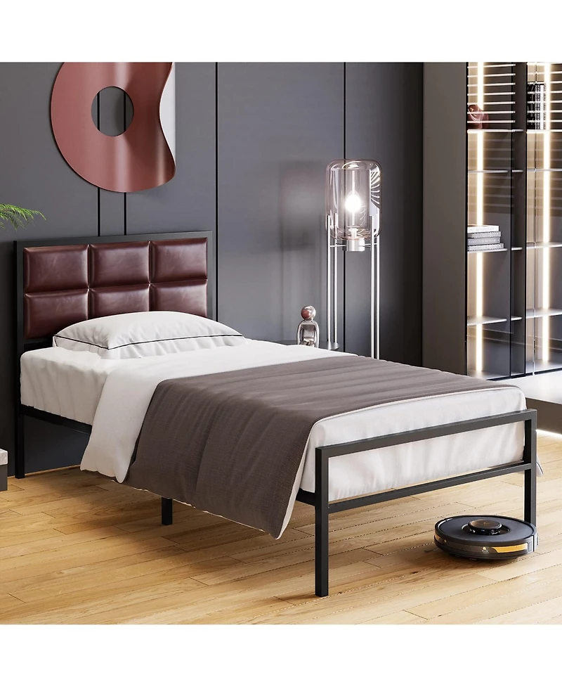 gaomon Bed Frame, Faux Leather Platform Bed Frame with Upholstered Square Stitched Headboard