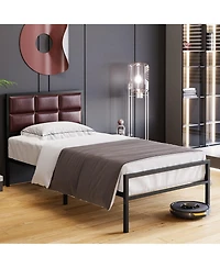 gaomon Bed Frame, Faux Leather Platform Bed Frame with Upholstered Square Stitched Headboard