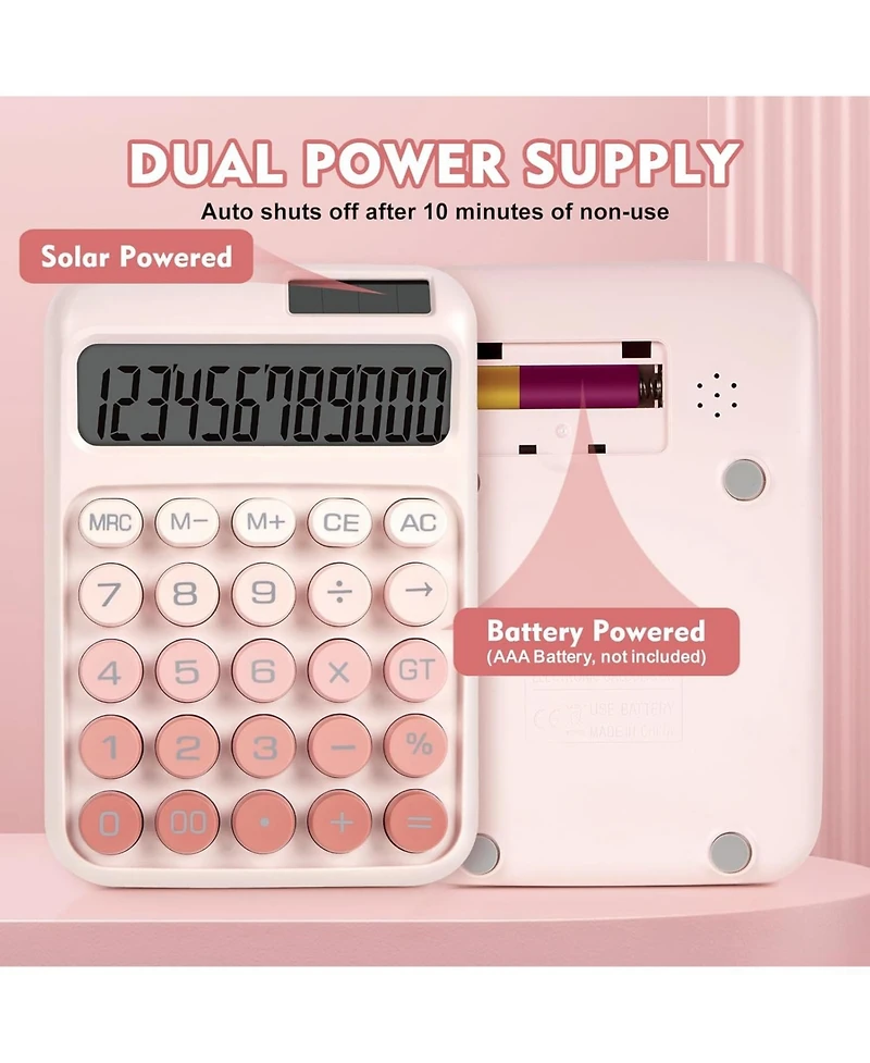 Danrong Mechanical Switch Big Button Calculator, 12 Digits Solar/Battery, Large Lcd Display Cute Pink for Teachers Students