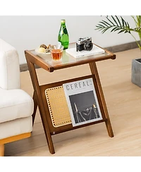 Gymax 2 Pieces Boho End Table with Magazine Rack Versatile Bamboo Bedside Table with Rattan Shelf