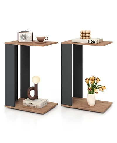 Gymax 2 pieces 2-Tier C Shaped Side Table with Universal Wheels and Shelf for Small Space