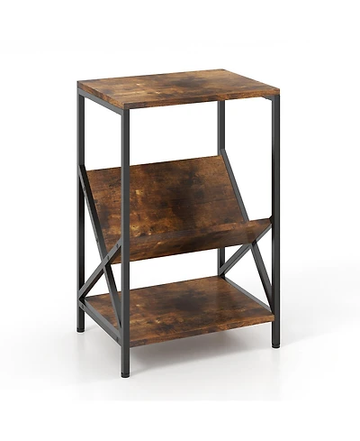 Gymax Industrial Side Table 3-Tier End Table with V-Shaped Magazine Holder Rustic