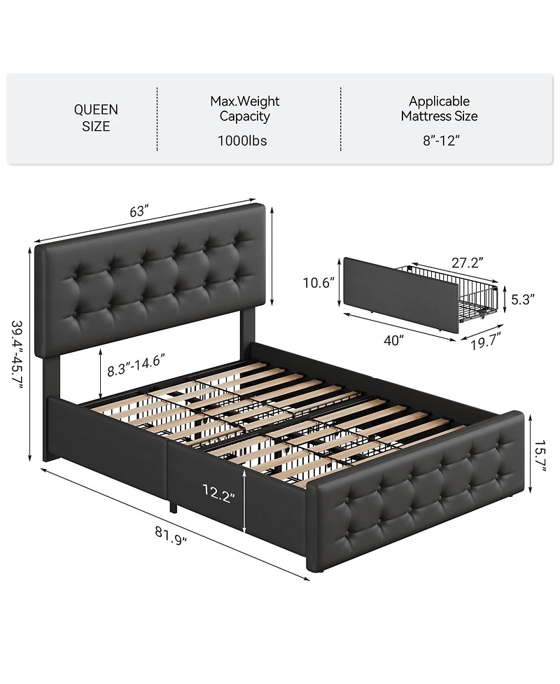 Homfan Upholstered Platform Bed Frame with 4 Storage Drawers, Button Tufted Headboard, Wooden Slats