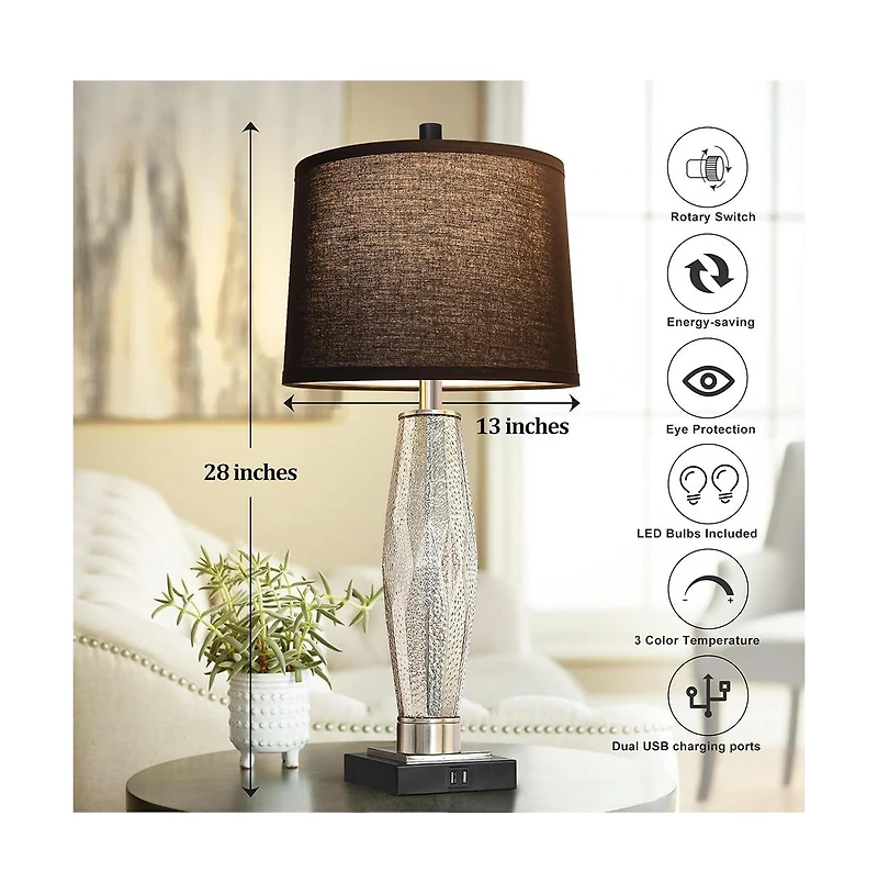 Sofucor 28-inch Table Lamps Set of 2, Bedroom Lamp with Usb A+C Charging Ports, Modern Glass Beside Lamps