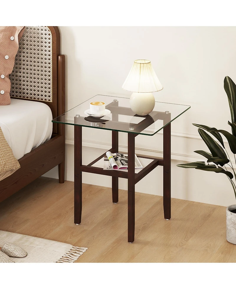 Gymax 24'' Square Glass Side Table with Storage Shelf and Rubber Wood Frame for Living Room