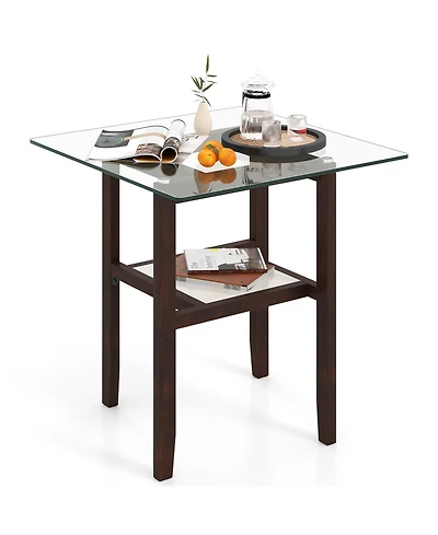 Gymax 24'' Square Glass Side Table with Storage Shelf and Rubber Wood Frame for Living Room