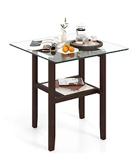 Gymax 24'' Square Glass Side Table with Storage Shelf and Rubber Wood Frame for Living Room