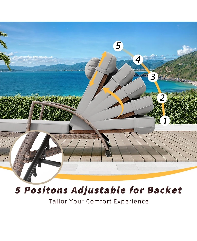Homfan Adjustable Wicker Outdoor Chaise Lounge Chair with Wheels and Thick Washable Cushion, 5-Position Rattan Patio Recliner for Pool Garden