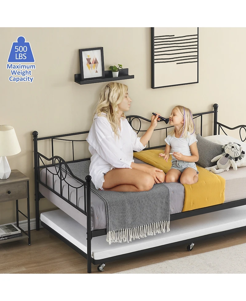 Daybed with Pull-Out Trundle, Metal Sofa Bed Frame with Slat Support and Decorative Headboards for Bedroom or Guest Room