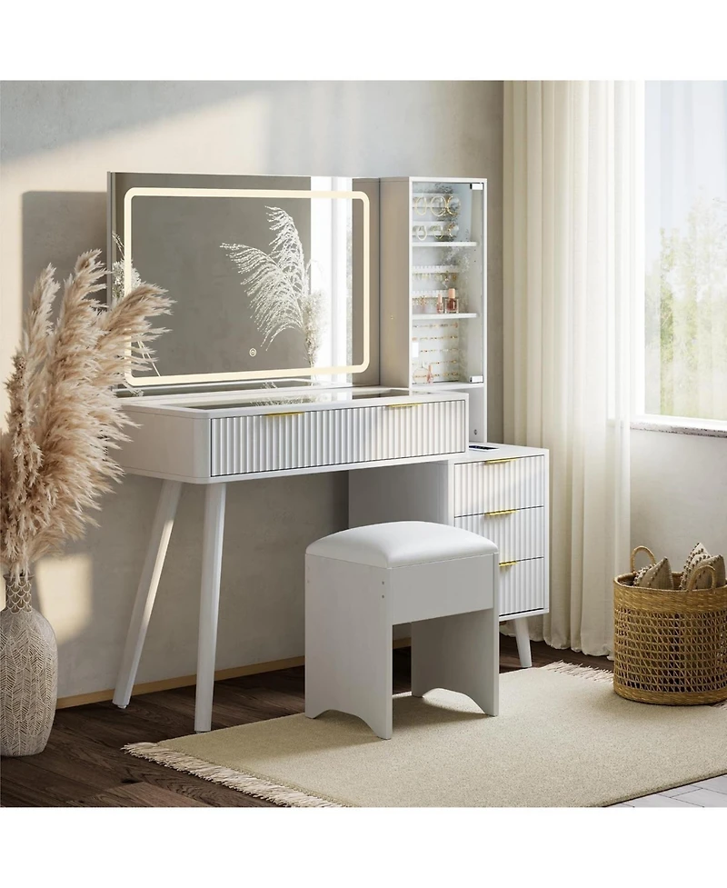 homfan Vanity Desk with Lighted Mirror, Glass Top Dressing Table Charging Station and Cushioned Storage Stool for Bedroom