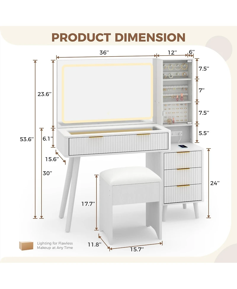 homfan Vanity Desk with Lighted Mirror, Glass Top Dressing Table Charging Station and Cushioned Storage Stool for Bedroom