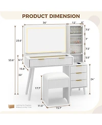 homfan Vanity Desk with Lighted Mirror, Glass Top Dressing Table Charging Station and Cushioned Storage Stool for Bedroom