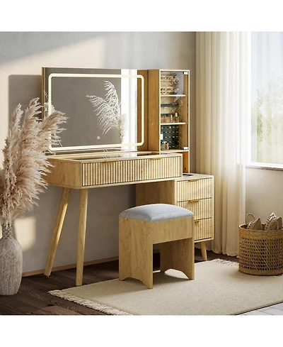 homfan Vanity Desk with Lighted Mirror, Glass Top Dressing Table Charging Station and Cushioned Storage Stool for Bedroom