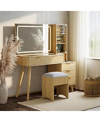 homfan Vanity Desk with Lighted Mirror, Glass Top Dressing Table Charging Station and Cushioned Storage Stool for Bedroom