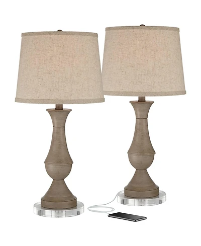Regency Hill Avery Traditional Table Lamps Set of 2 with 7 Inches Round Risers 25 Inches High Faux Wood with Usb Led Touch On Off