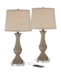 Regency Hill Avery Traditional Table Lamps Set of 2 with 7 Inches Round Risers 25 Inches High Faux Wood with Usb Led Touch On Off