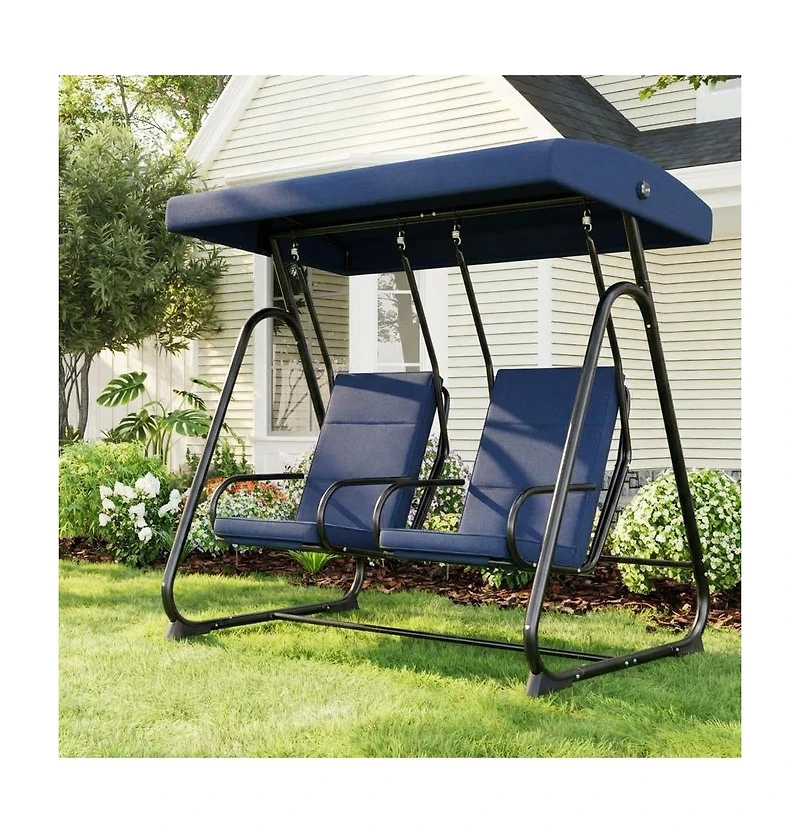 GarveeLife 3-Seat Outdoor Patio Swing Chair with Adjustable Canopy and Reclining Backrest Heavy Duty Metal Frame Thick Resistant For Backyard