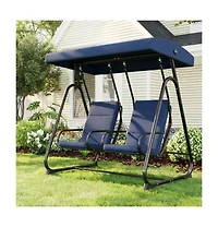 GarveeLife 3-Seat Outdoor Patio Swing Chair with Adjustable Canopy and Reclining Backrest Heavy Duty Metal Frame Thick Resistant For Backyard