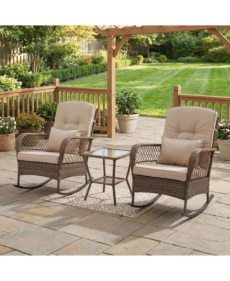 GarveeLife Outdoor Wicker Rocking Chairs, Pe Rattan Garden Rocking Chairs Wicker Garden Armchair with Thick Cushion Pillow Patio Rocker Chair