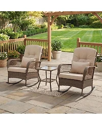 GarveeLife Outdoor Wicker Rocking Chairs, Pe Rattan Garden Rocking Chairs Wicker Garden Armchair with Thick Cushion Pillow Patio Rocker Chair