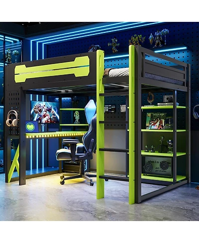 Streamdale Furniture Wood Loft Bed w/Desk, Shelves, Power, Usb/Type-c, Rgb Light