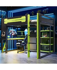 Streamdale Furniture Wood Loft Bed w/Desk, Shelves, Power, Usb/Type-c, Rgb Light