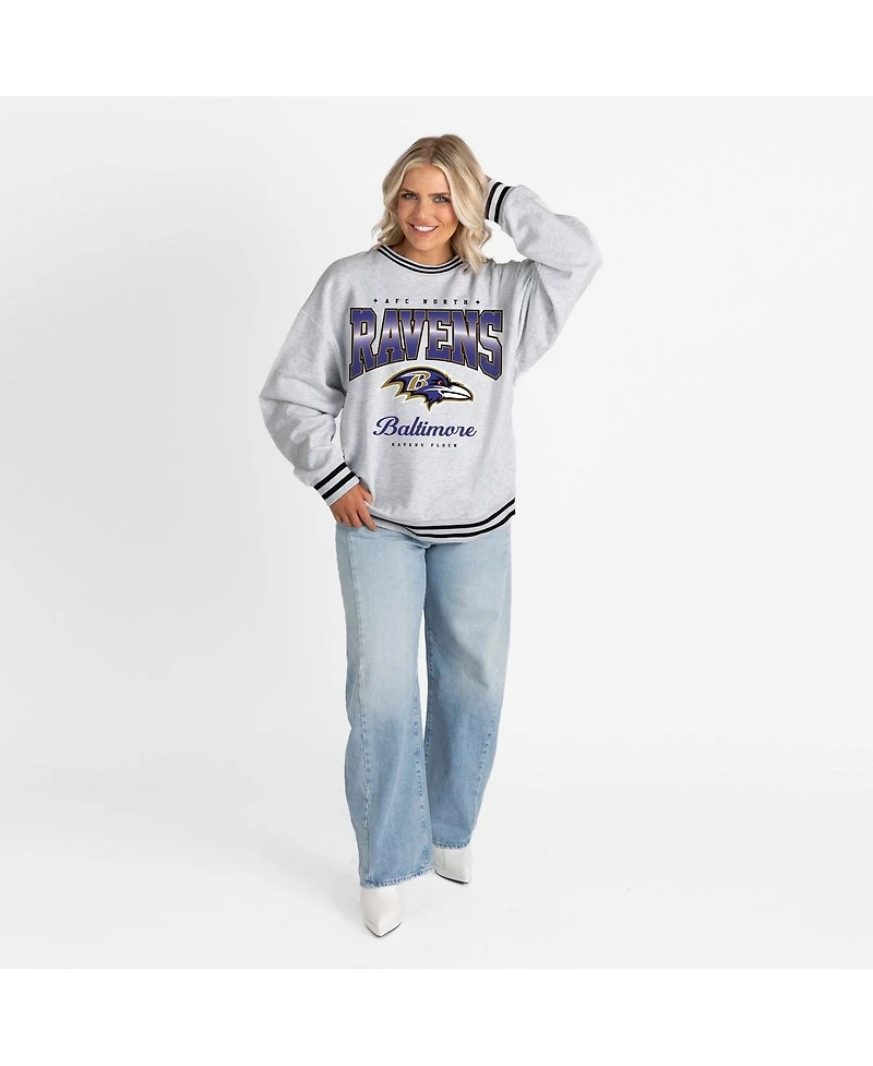 Gameday Couture Women's Ash/Black Baltimore Ravens Oversized Gridiron Drive Ringer Stripe Sweatshirt