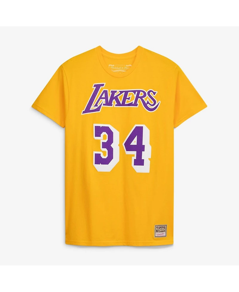 Mitchell & Ness Men's and Women's Shaquille O'Neal Gold Los Angeles Lakers Hardwood Classics Name Number T-Shirt