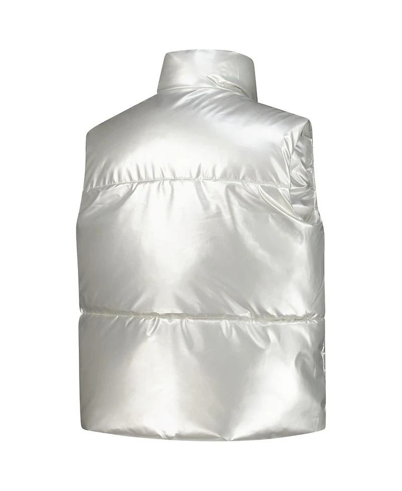ZooZatz Women's Silver Wisconsin Badgers Metallic Cropped Full-Zip Sleeveless Puffer Vest