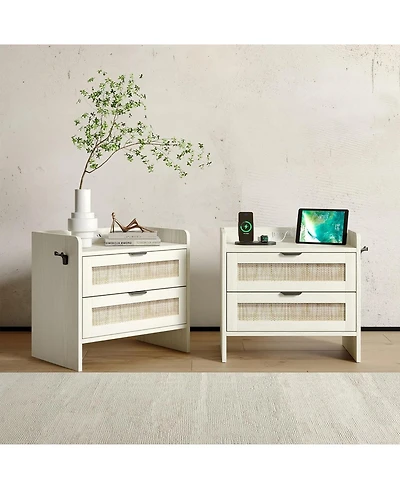 homfan Set of 2 Modern Rattan-Style Bedside Tables with Type-c Charging Station, Drawers for Bedroom, Living Room and Office