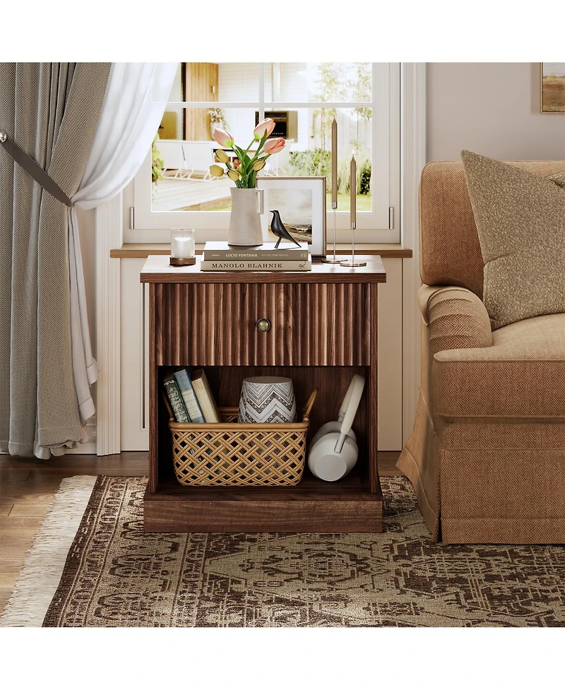 homfan Mid Century Modern Fluted Bedside Cabinet with Drawer, Space Saving Bedside Table with Large Storage for Bedroom and Living Room