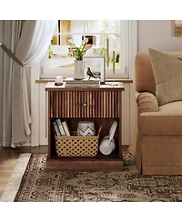 homfan Mid Century Modern Fluted Bedside Cabinet with Drawer, Space Saving Bedside Table with Large Storage for Bedroom and Living Room
