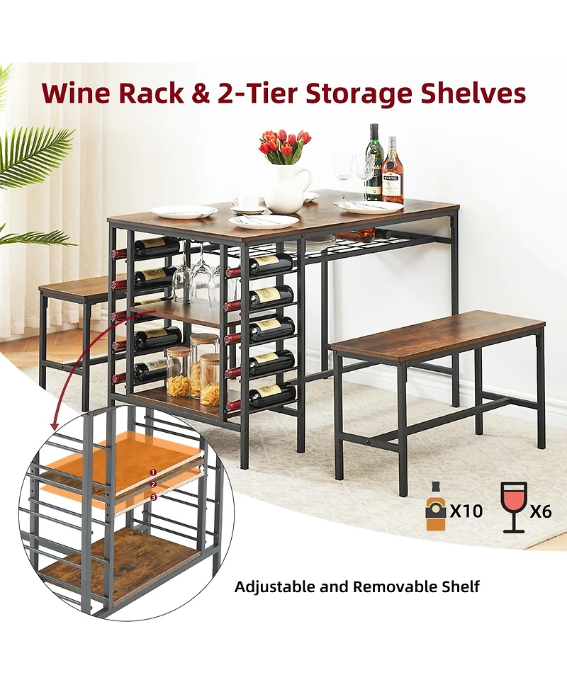 gaomon Dining Table Set for 4, Kitchen Table Set for 4 with 2 Benches, Rectangular Dining Room Table Set with Wine Rack