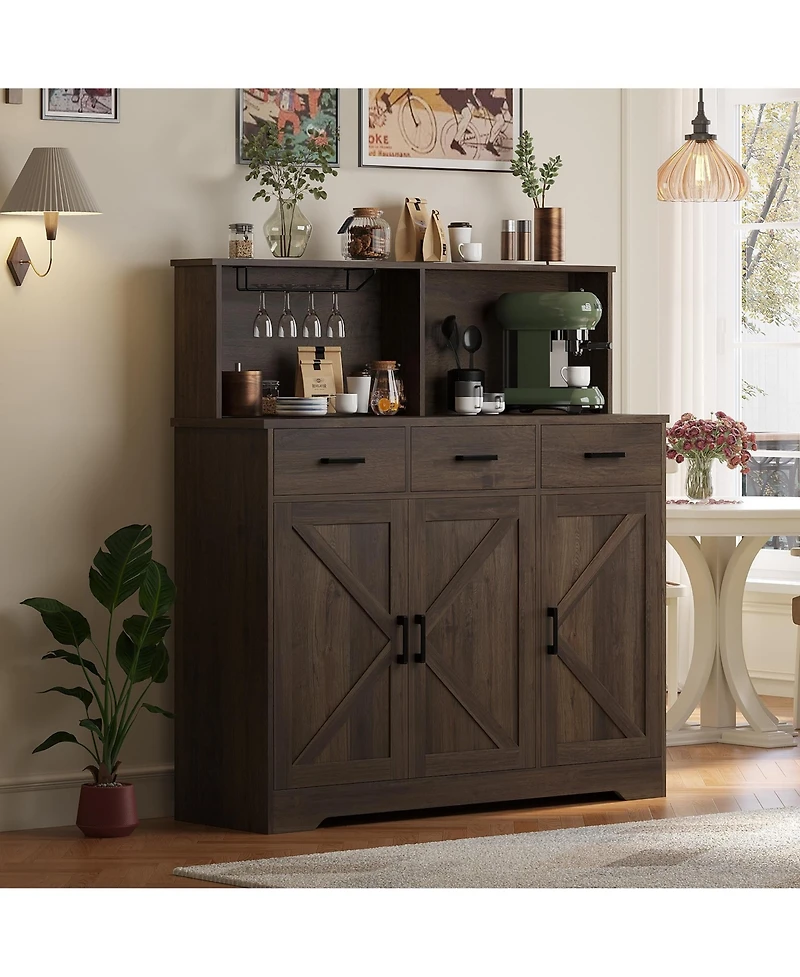 gaomon Farmhouse Sideboard Buffet Cabinet with Microwave Stand, Barn Doors Storage Drawers and Shelves