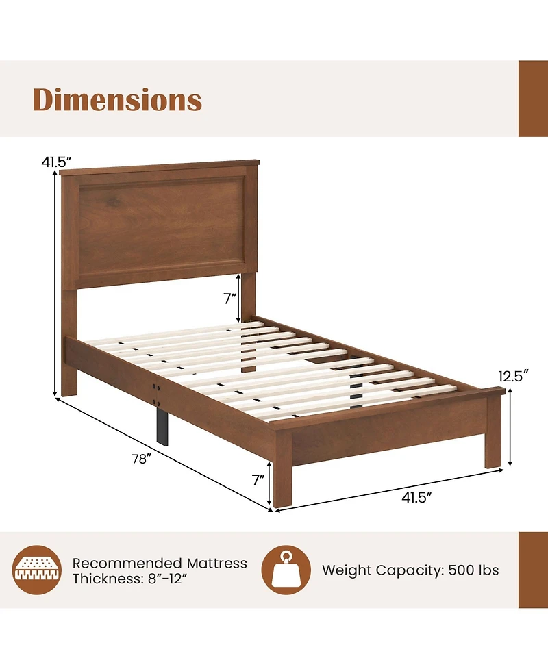 Sugift Twin Size Wooden Bed Frame with Headboard and Slat Support