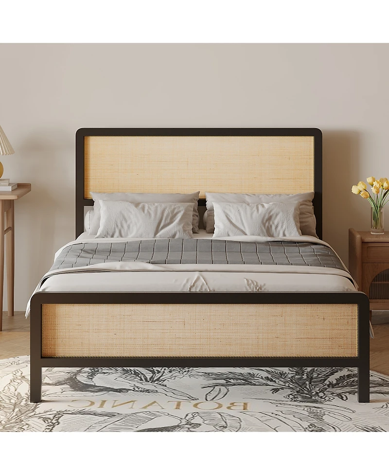 homfan Rattan Platform Bed Frame with Curved Headboard and Footboard, Metal Slat Support, Underbed Storage, No Box Spring Needed