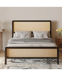 homfan Rattan Platform Bed Frame with Curved Headboard and Footboard, Metal Slat Support, Underbed Storage, No Box Spring Needed