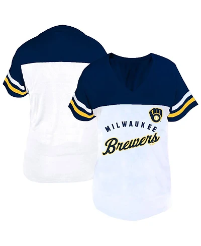 Fanatics Women's Profile White/Navy Milwaukee Brewers Plus Two-Stripe V-Neck T-Shirt