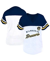 Fanatics Women's Profile White/Navy Milwaukee Brewers Plus Two-Stripe V-Neck T-Shirt
