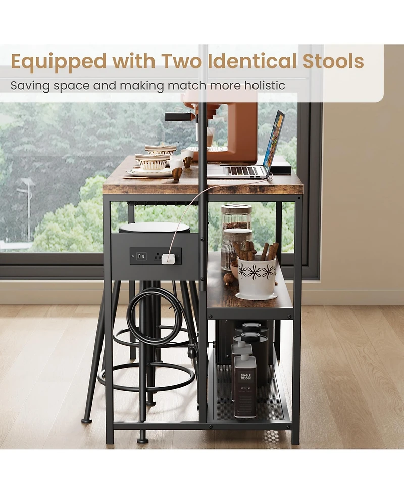 homfan 42 Inch Industrial Bar Table with Storage Power Outlet 2 Stools 3 Baker Rack 5 Hooks Microwave Stand Annual Rings Finish